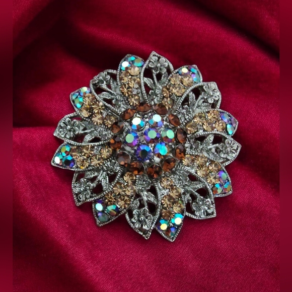 Vintage Jewelry - Vintage Style Rhinestone Floral Brooch Pendant | AB & Topaz 2"